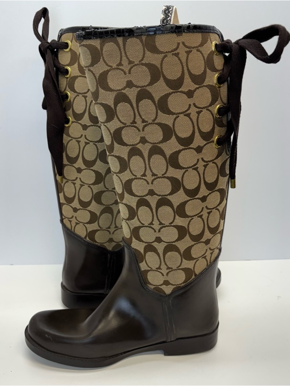 Coach Tristee Tall Rain Boot Brown Signature Jacquard Equestrian Corset Lace 8 B - Picture 8 of 11
